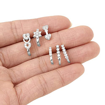 Akeoqi 6-12Pcs Nose Studs Nose Ring Inlaid Cubic Zirconia L Shaped Studs Lotus Star Heart Nose Nostril Piercing Jewelry for Women Men Sliver Gold Rose Gold Tone 20G - color: A: Silver