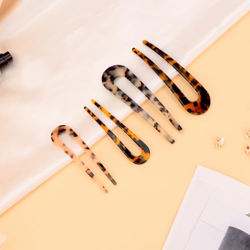 4 PCS French Tortoise Shell Hair Pins for Women | 4.1 & 5 Inch 2 Sizes Lightweight U Shaped Hair Forks for Thick Fine Hair, Acetic Hairpin for Updos, Buns & Twist Hairstyles