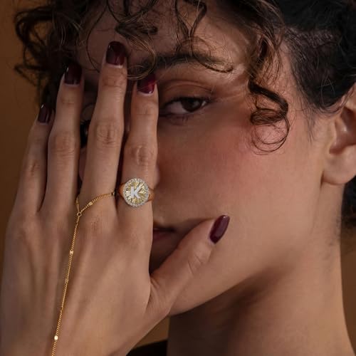 KissYan 14K Gold Plated Initial Ring for Women | Adjustable CZ Halo Letter Signet Ring, Personalized Monogram Statement Jewelry Gift, Tarnish Resistant - style: Letter F