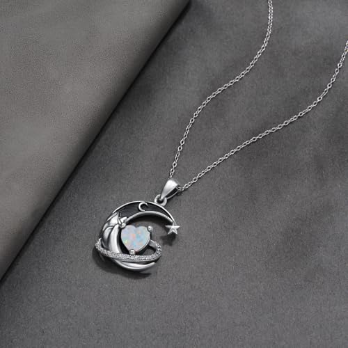 I Love You to the Moon and Back Necklace 925 Sterling Silver Black Crescent Moon Star Pendant with Heart Birthstone Necklace Anniversary Gothic Jewelry Gifts for Women Wife Lovers - color: 10-Oct-Opal