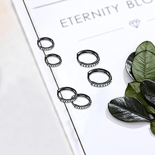 3 Pairs 925 Sterling Silver Small Hoop Earrings for Women Men | Cubic Zirconia, 14K White Gold Plated Huggie Hoop Earrings, Hypoallergenic - style: M-black 8/10/12mm