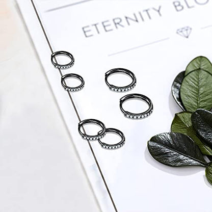 3 Pairs 925 Sterling Silver Small Hoop Earrings for Women Men | Cubic Zirconia, 14K White Gold Plated Huggie Hoop Earrings, Hypoallergenic - style: M-black 8/10/12mm