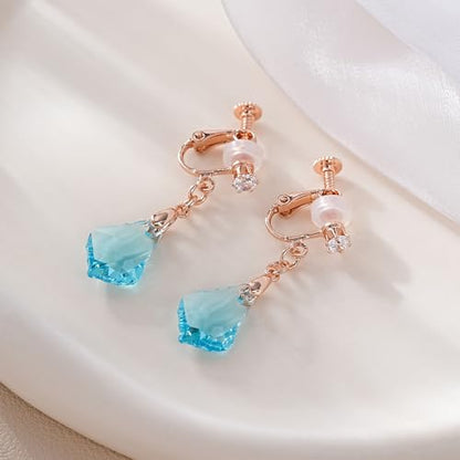 Austrian Crystal Baroque Drop Clip On Dangle Earrings for Women Non Pierced 14K Rose Gold Plated Hypoallergenic Jewelry - color: Aquamarine