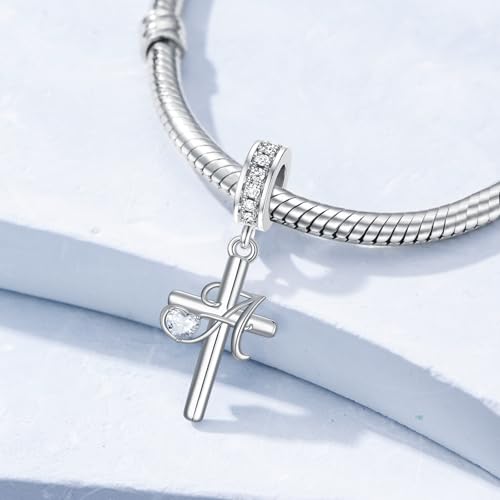 PROESS Initial Cross Charm 925 Sterling Silver Letter A B C Pendant Dangle Charm Beads for Bracelet Initial Cross Jewelry Gifts for Women - style: 1-A