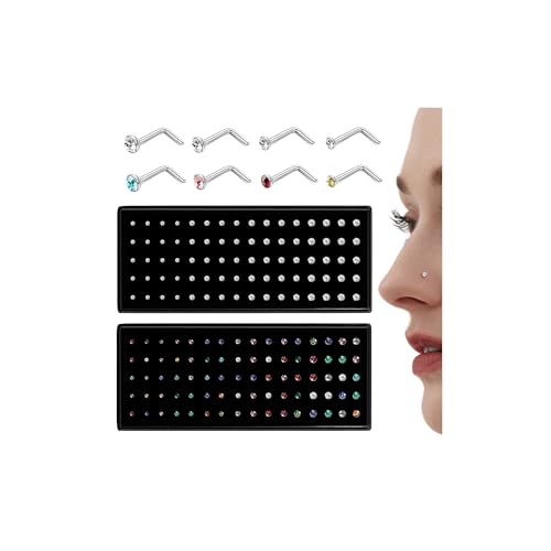 LOLIAS 80-160Pcs Surgical Steel Nose Rings Studs for Women Hypoallergenic | Straight or L Shaped Small Nose Studs Pin,Hypoallergenic 20G 22G Tiny Bone Nose Piercing Jewelry, 1.5/2/2.5/3 mm CZ Mix - color: 160Pcs 22G L shaped（white&multicolor）