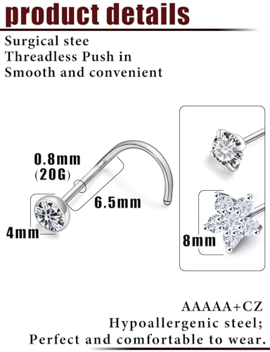 Prjndjw 20G Big Nose Stud Large Nose Studs Surgical Stainless Steel Straight Nose Studs 4mm CZ Paved CZ Nose Rings with 6-CZ Flower Ring for Women Men 11 Pieces - color: 4mm CZ Big 20G Silver Screw Curved Nose Stud