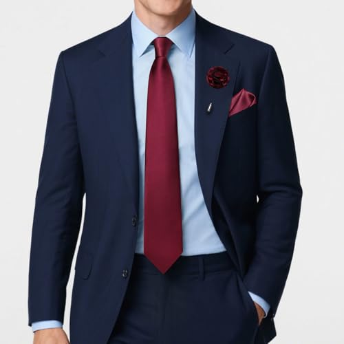Solid Color Tie and Pocket Square with Tie Clip Lapel Pin Silk Formal Necktie Set Wedding Formal - color: Maroon
