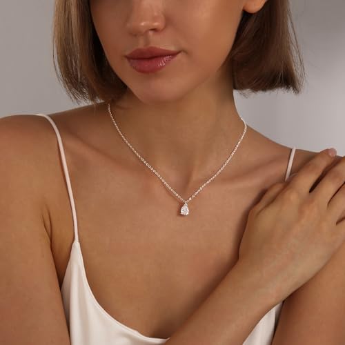 Gold Silver Necklace for Women, Dainty Cubic Zirconia Pendant | Teardrop CZ Charm, 14K Gold/Sterling Silver Plated, Adjustable Chain, Hypoallergenic & Waterproof Jewelry, Cute Trendy Gift - color: Silver-CZ teardrop/cable chain