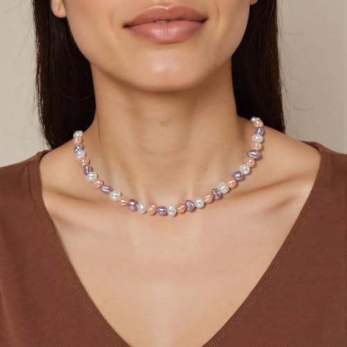 Natural Pearls Necklace, Freshwater Baroque Pearls Necklace for Women's Pearl Strand Choker Necklace 18K Gold Plated & S925 Sterling Silver Clasp White Necklace Chain - color: Colorful, 5-6mm, Silver Clasp