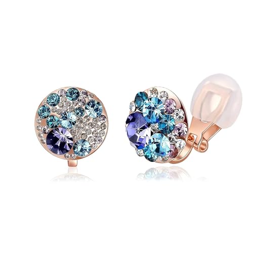 EVEVIC Multicolor Austrian Crystal Round Clip On Earrings for Women | 14K Gold Plated,Silicone Comfort Pad,Playful Colorful Crystal,Gift Box Included,Perfect for Daily Wear and Special Events - color: Purple Main Crystal/Rose Gold-tone