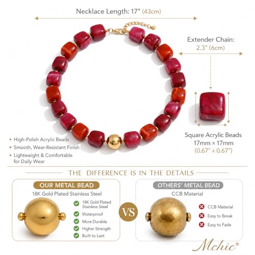 Mchic Colorful Beaded Choker Necklace for Women: Boho Large Square Acrylic Beaded Necklace Stainless Steel Adjustable Surfer Beach Strand Necklaces Summer Handmade Jewelry Gift for Women - color: Mix Red