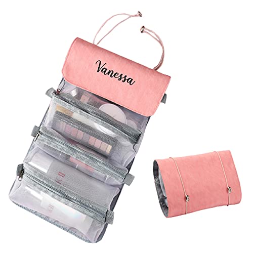 GOPHIE Personalized Toiletry Bag Embroidery Roll-Up Cosmetic bag Foldable Portable Travel Organizer Custom Women's Cosmetic Makeup Kits for Women Waterproof (Pink) - color: Pink