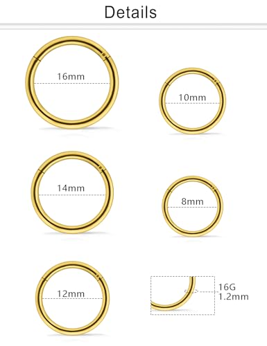 10PCS 16G Surgical Steel Hinged Clicker Segment Septum Lip Nipple Ring Hoop Cartilage Tragus Helix Sleeper Earrings Piercing Jewelry for Women Men 8mm 10mm 12mm 14mm 16mm - color: gold-tone
