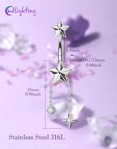 Melighting 14G Gold Belly Button Ring Dangle Chain, 10 mm Stainless Steel Belly Piercing Jewelry with CZ Heart Star Design, Cute Silver Navel Ring for Beach Daily Wear Women - color: Steel Star