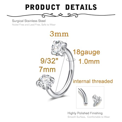 18 Nose Rings Studs Surgical Stainless Steel Hypoallergenic L Shaped Nose Piercing Jewelry for Women Men Silver Black Nostril Hoop Rings 18 Gauge - style: B2 - Horseshoe ring 18g 7mm usual silver