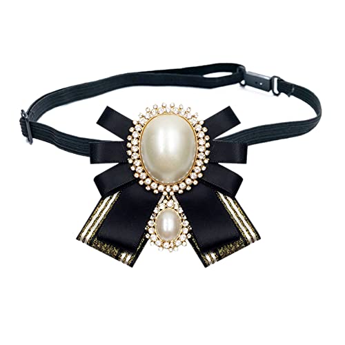 FASELE Bow Brooch Pre-Tied Neck Tie Pearl Brooch Pin Striped Bow Tie for Women Wedding Party Bow Tie - color: Gold Black/Adjustable
