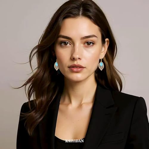 Boho Turquoise Dangle Earrings For Women Trendy,Western Blue Gemstone Drop Earings,Vintage Gothic Ethnic Statement Beach Vacation Long Birthstone Earrings with Leaf Teardrop Turquoise Crystal Tassels,Fashion Jewelry Birthday Gift. - style: A4 Rose Gold Tu