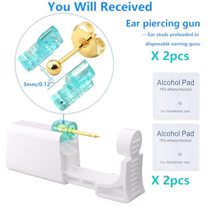2 psc Ear Piercing Kit, Disposable ear piercing gun tool, pre-installed with gold 3mm pea earrings, at Home Self Piercing Kit (Little golden ball) - color: Little golden ball