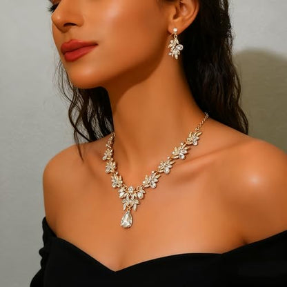 CJIAYUJEW Cubic Zirconia Wedding Jewelry Sets for Bride Bridesmaid Cluster Crystal Teardrop Pendants Jewelry Set Necklace Earring for Brides Bridesmaid for Wedding Party - color: White