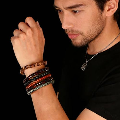 Mens Beaded Bracelets Tribal Wooden Elastic Adjustable Prayer Beads Wrap Cuff for Women - color: A: 6pcs
