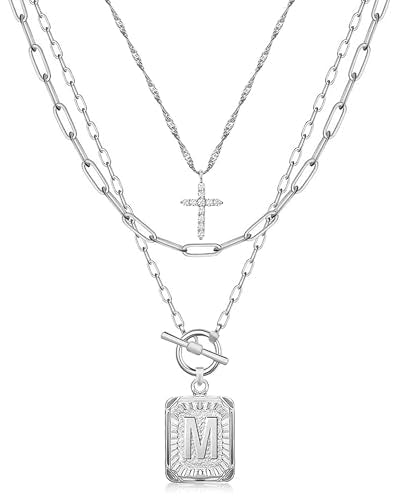 MJartoria Layered Initial Necklaces for Women Trendy, 14K Gold Plated Brass Simple Dainty Cross Choker Square Letter Pendant Necklace, Paperclip Chain Necklaces Jewelry - color: Silvery, style: M