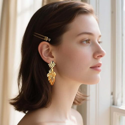 Large Geometric Drop Dangle Earrings for Women Pearl Teardrop Disc Rectangle Oval Fishtail Shell Shaped Textured Dangle Studs Earrings for Women - color: Gold-Textured