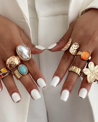 Chunky Gold Shell Starfish Ring Set for Women Trendy Gold Flower Scallop Seashell Starfish Gemstone Rings Adjustable Stacking Statement R-ings Non Tarnish Spring Summer Jewelry Accessories - color: B1:8 pcs