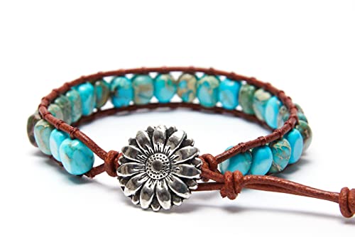 7 Chakra Bracelet Bohemian Handmade Leather Wrap Healing Protection Natural Stone Yoga Beaded Bracelets Boho Friendship Jewelry - color: Lake Blue Turquoise
