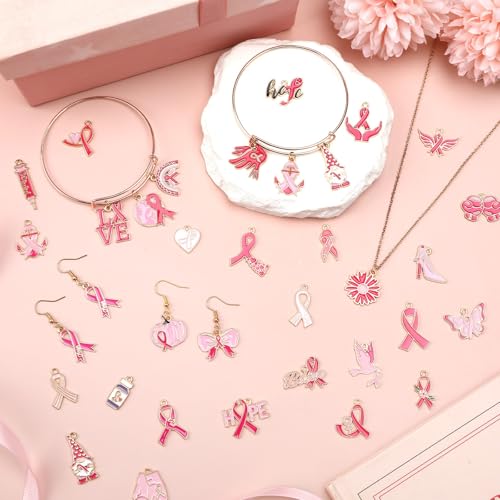 SANNIX 200Pcs Breast Cancer Charms for Jewelry Making, Pink Ribbon Bulk | Cancer Awareness Charm Hope Pendants, for Bracelets Necklaces Earrings Craft Making Accessories - color: Pink