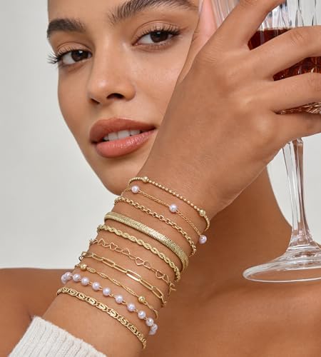 10 Pcs Gold Bracelets for Women, 14K Gold Plated Stackable Cuban Link Paperclip Chain Bracelet Set, Dainty Gold Bracelets Stack Jewelry - color: Gold-pearl