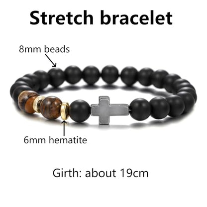 Beaded Bracelets Cross Bracelet for Women Men Lava Rock Turquoise Tiger Eye Natural Bracelet Anxiety Healing - color: 10 Pcs- black Hematite cross A