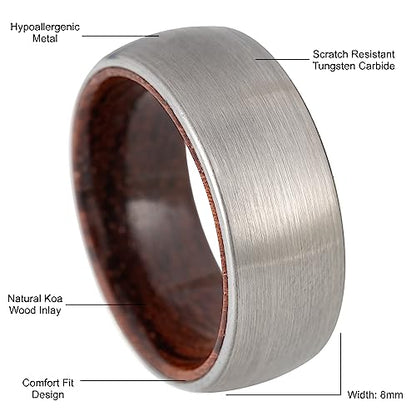 8mm Tungsten Carbide Genuine Natural Koa Wood Inner Inlay Ring Black/Gold/Silver/Rose Gold Wedding Band Hammered Textured Flat Style Comfort Fit Gift Box Included - color: Brushed Silver Tungsten