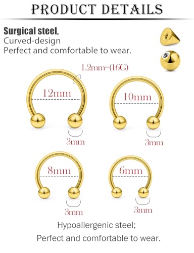 16G Horseshoe Septum Rings 6/8/10/12mm with Tool & Ball Grabber,Hypoallergenic for Nose,Rook,Cartilage,Helix,Lips-Silver Gold 316L Surgical Steel Septum Piercing jewelry - color: Gold Plated Horseshoe Ring 6-12mmBall/Point Tool