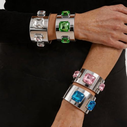Punk Square Crystal Open Bracelet for Women Fashion Wide Cuff Bangle Bracelets Shiny Rhinestone Rectangle Charm Bangle Geometric Statement Jewelry Gifts - color: Green