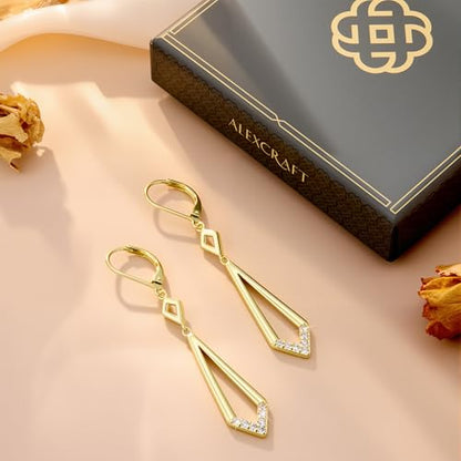 ALEXCRAFT 14K Goldplate Silver Long Rhombus Dangle Drop Earrings for Women | Trendy Hypoallergenic Lightweight Simple Daily Elegant Geometric Leverback Earrings Long Dangling Drop Earrings Boho Jewelry - color: Rhombus_Gold