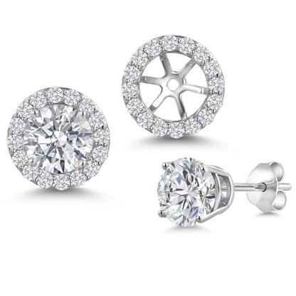 Gem Stone King 14K White Gold 6MM Round Gemstone Birthstone Stud Earrings with Removable Jackets and Lab Grown Diamond Accents | Gold Earrings For Women | Fine Jewelry Gift for Her Mom Women Wife - color: White Lab Grown Diamond-April