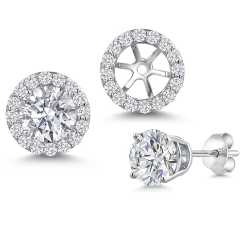 Gem Stone King 14K White Gold 6MM Round Gemstone Birthstone Stud Earrings with Removable Jackets and Lab Grown Diamond Accents | Gold Earrings For Women | Fine Jewelry Gift for Her Mom Women Wife - color: White Lab Grown Diamond-April