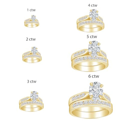 Houston Diamond District 1 to 6 CT Oval Shape Lab Grown Diamond Bridal Set | 14K White Gold Engagement Ring and Wedding Band Set Jewelry for Women in Solid Gold AAAA Heirloom Quality - color: 14K Yellow Gold, size: 7.5
