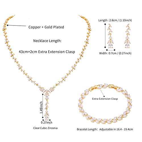 Bridal Wedding Jewelry CZ Set Marquise Teardrop Cubic Zirconia Pendant Necklace and Dangle Earring Bracelet Sets for Women - color: Gold plated - 03