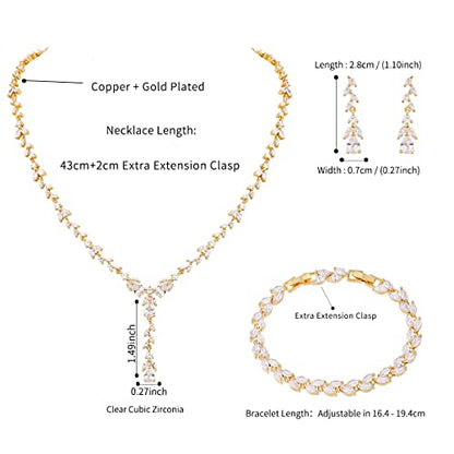 Bridal Wedding Jewelry CZ Set Marquise Teardrop Cubic Zirconia Pendant Necklace and Dangle Earring Bracelet Sets for Women - color: Gold plated - 03