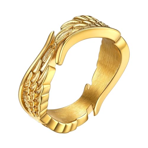 Bestyle Antique Angel Wing Rings for Women Men, Guardian Feather Band Rings, Vingage Lover Couple Promise Rings for Anniversary/Wedding/Egagement Size 7-12，Words Customizable - color: 2. gold-Angel Wing (no custom)
