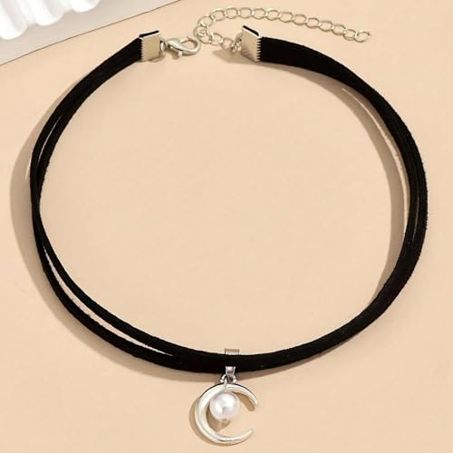 Fesciory Black Necklaces for Women, Adjustable Layered Velvet Leather Lace Collar Necklace, Goth Jewelry Gifts. - color: Pearl Moon