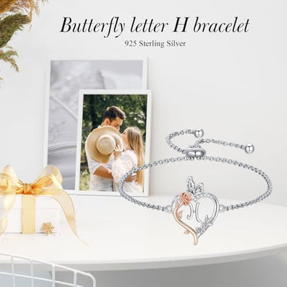 TOUPOP Gifts for Women Rose Heart Initial Bracelet 925 Sterling Silver Butterfly Letter Link Bracelet Love Jewelry Anniversary Birthday Gifts for Wife Girlfriend Mom Her - style: Initial H