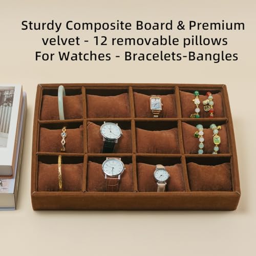 Jewelry Watch Tray, Coffee Velvet Watch Jewelry Organizer 12 Grid, Stackable Watch Bracelet Bangle Display Holder, Adjustable Pillows, for Man Woman Show Birthday - color: Coffee