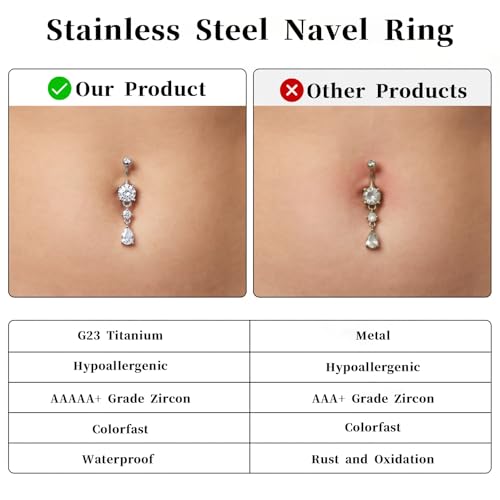 Titanium Belly Button Ring, 14G Internally Dangle Belly Ring for Women | Surgical Steel 316L, Teardrop Shiny CZ Belly Belly Piercing Jewelry