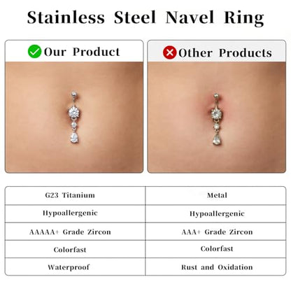 Titanium Belly Button Ring, 14G Internally Dangle Belly Ring for Women | Surgical Steel 316L, Teardrop Shiny CZ Belly Belly Piercing Jewelry