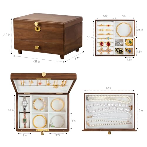 Black Walnut Lockable Jewelry Box with Feet, Wooden Organizer for Women | 3 Layer, Solid Wood, Handcrafted, Drawer, Lock Key, Removable Tray, Necklace Ring Earring Watch Case, Gift for Mom Girls - color: 3 Layer Full Lock with Feet