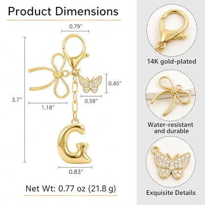 Gold Bubble Heart, Cherry, Bow & More Designs Letter Initial Keychain Bag Charms – Cute Purse Charms for Handbags - color: Bow & Butterfly, style: G