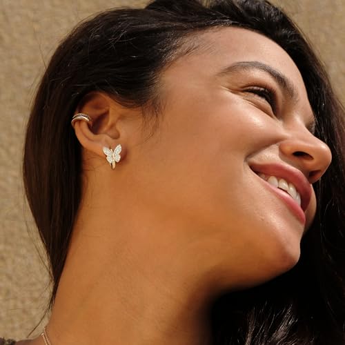 Cubic Zirconia Huggie Earrings 14k Gold Plated Tiny Earrings Small Huggie Hoop Earrings Simple Lightweight Hoops Gift for Women - color: Butterfly Hoop earrings