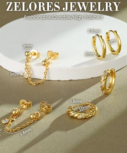 3 Pairs Dangle Hoop Chain Earrings Stacks for Women Trendy Huggie Earring | Non-Tarnish 5A CZ Stones Hoops Earrings Set for Multiple Piercing - style: 14K Gold Plated-Twist